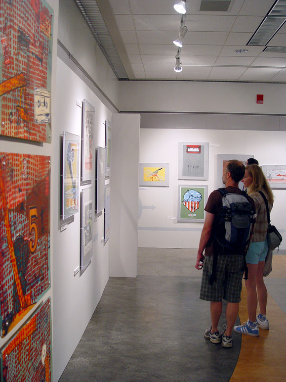 Visitors looking at some of the posters on display.