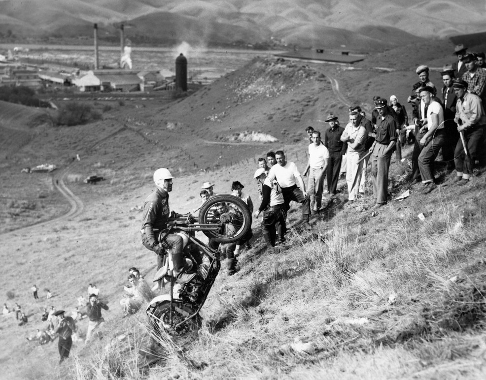 Archival image of a hill climber riding up a steep hill. Image courtesy of the Harley-Davidson Archives.