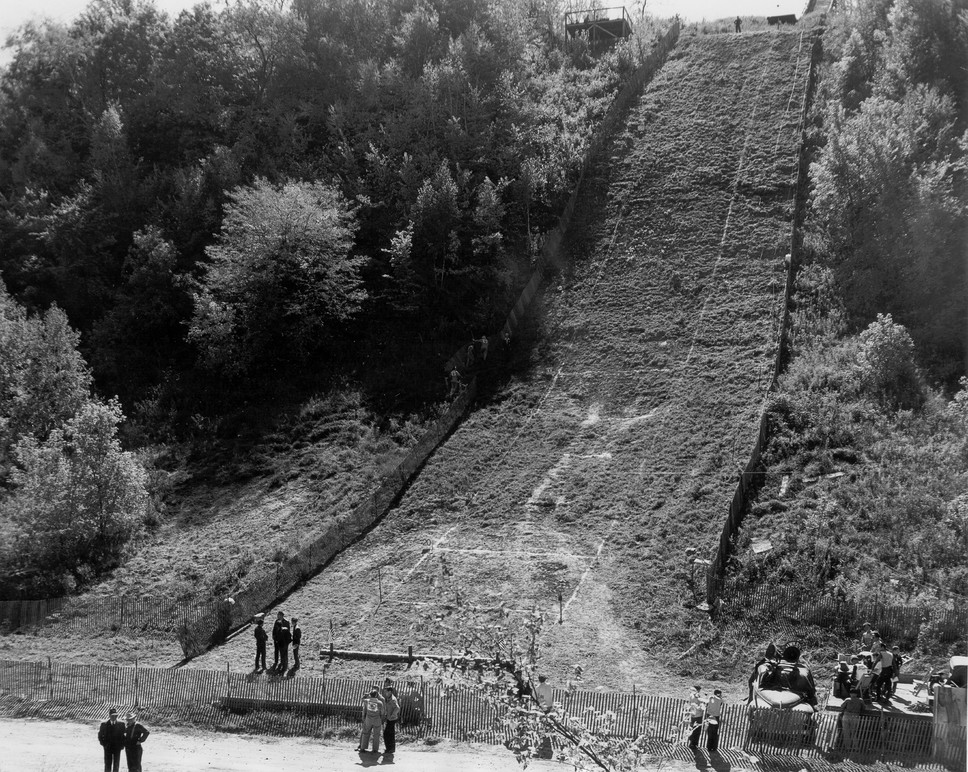 Archival image of a hill climb. Image courtesy of the Harley-Davidson Archives.