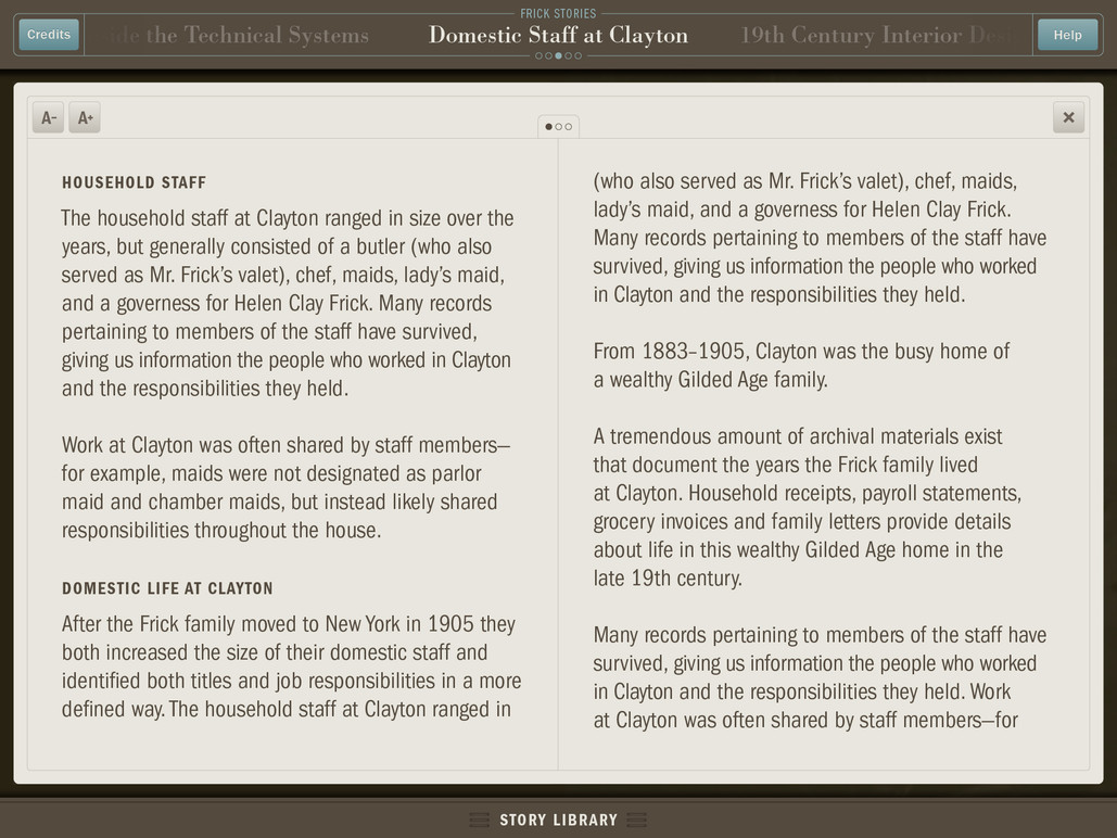 Stories with longer sections of text could be read in an optimized "reader" layout, with text enlargement controls.