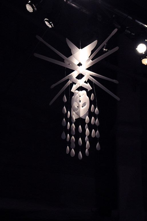One of the hanging mobiles created from the illustration set inspired by the exhibition identity.