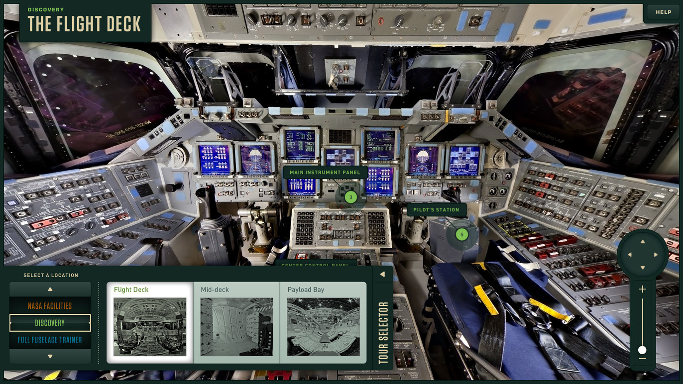 The user can select from a number of virtual tours, including the Discovery flight deck.